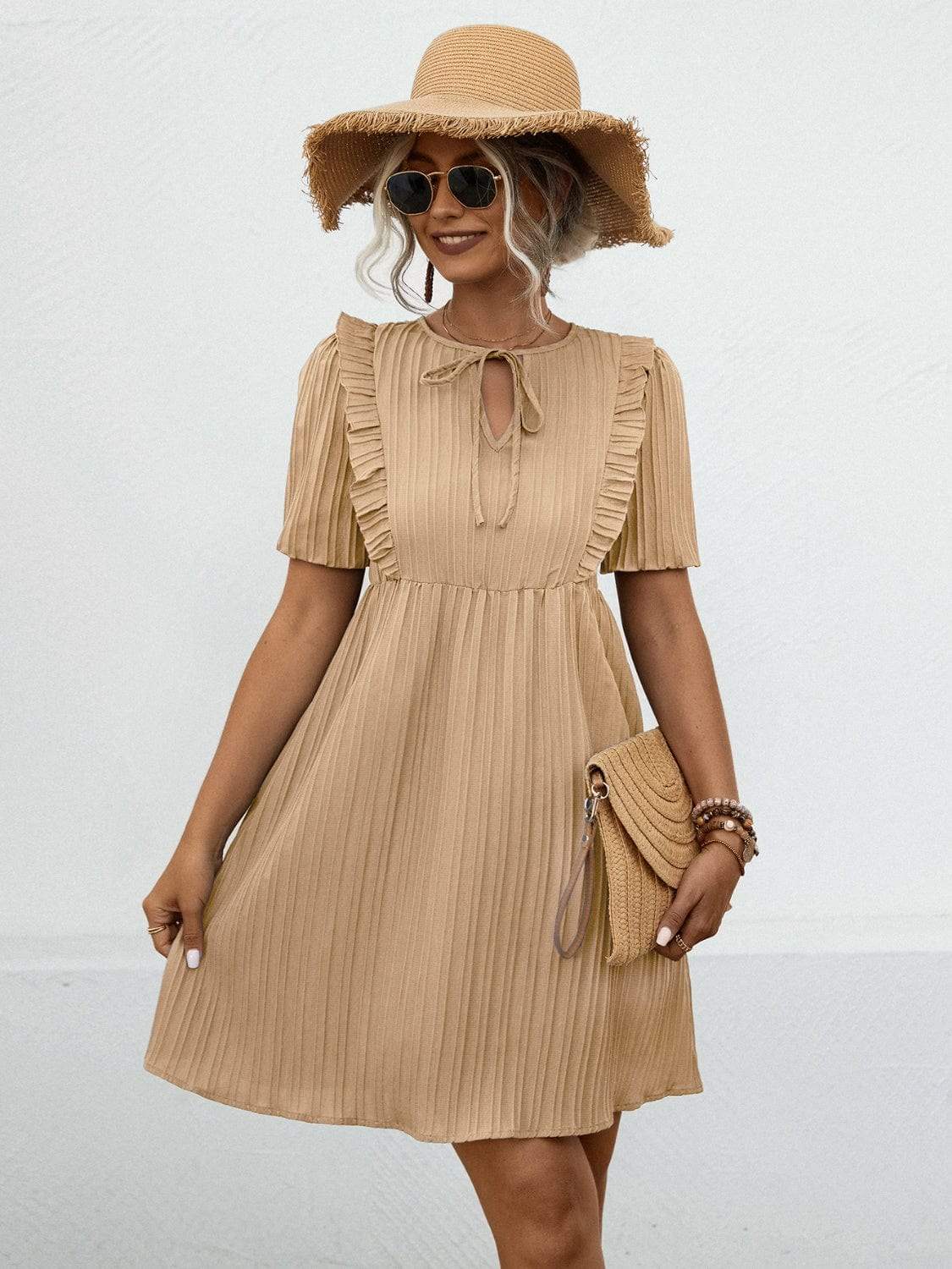 Tie Neck Short Sleeve Mini Dress - Trendsi - Flyclothing LLC