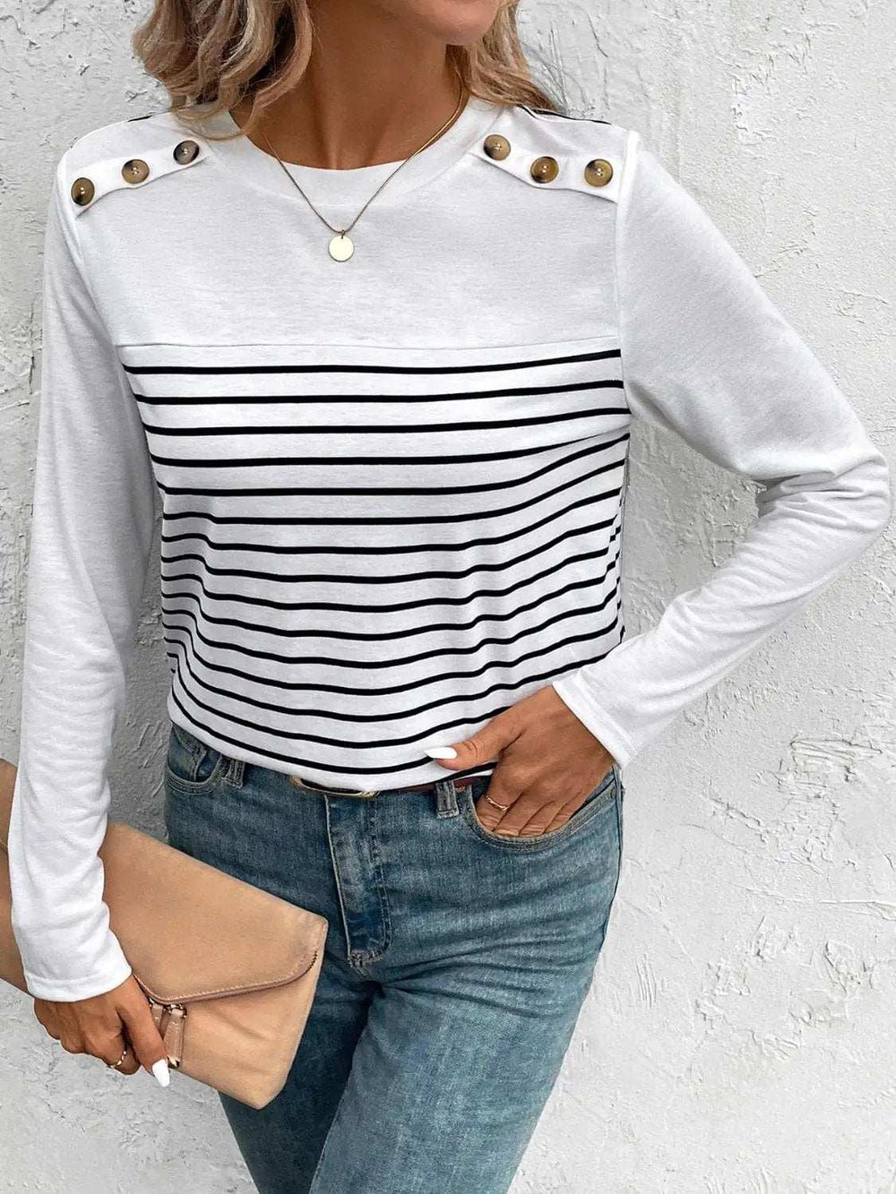 Decorative Button Striped Round Neck Long Sleeve T-Shirt - Trendsi - Flyclothing LLC