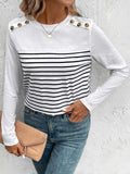 Decorative Button Striped Round Neck Long Sleeve T-Shirt - Trendsi