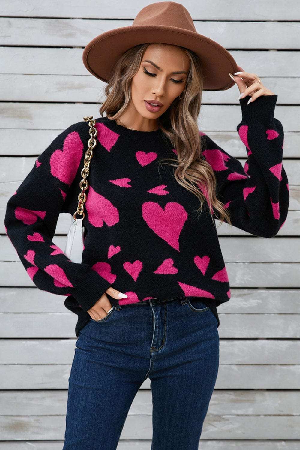 Angel Wings Heart Contrast Round Neck Long Sleeve Sweater - Trendsi - Flyclothing LLC