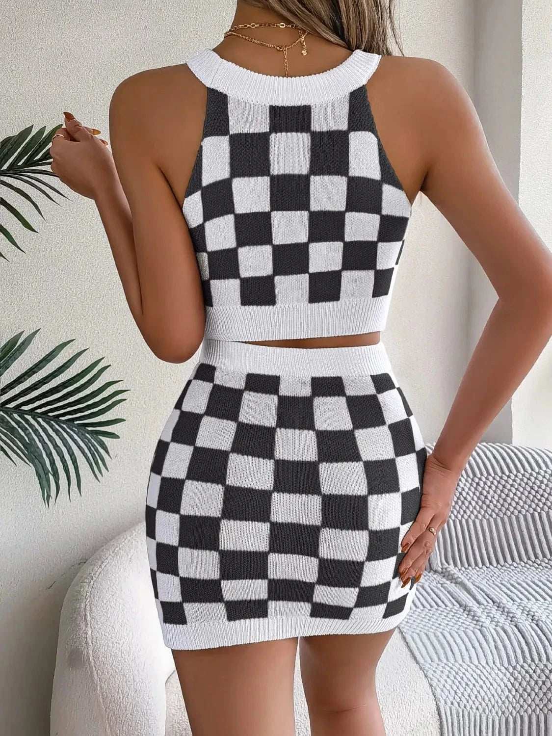 Checkered Grecian Neck Cami and Skirt Sweater Set - Trendsi - Flyclothing LLC