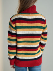 Contrast Stripes Turtleneck Long Sleeve Sweater - Trendsi