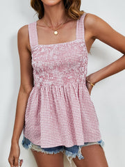 Smocked Plaid Square Neck Tank Trendsi