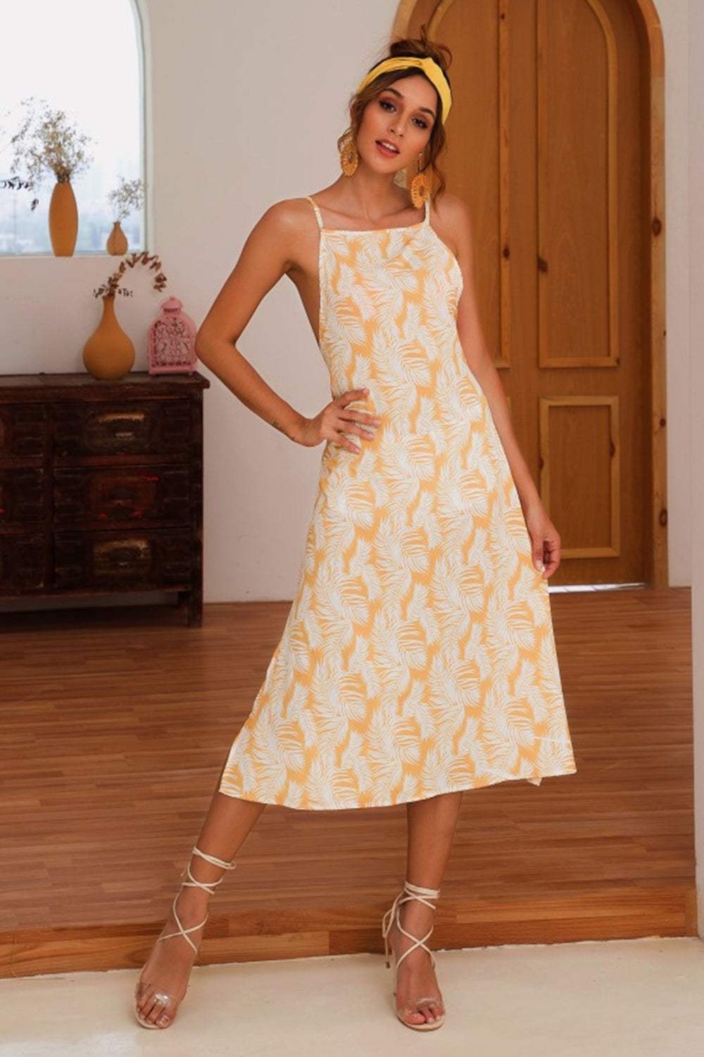 Slit Crisscross Printed Sleeveless Cami Dress - Trendsi - Flyclothing LLC