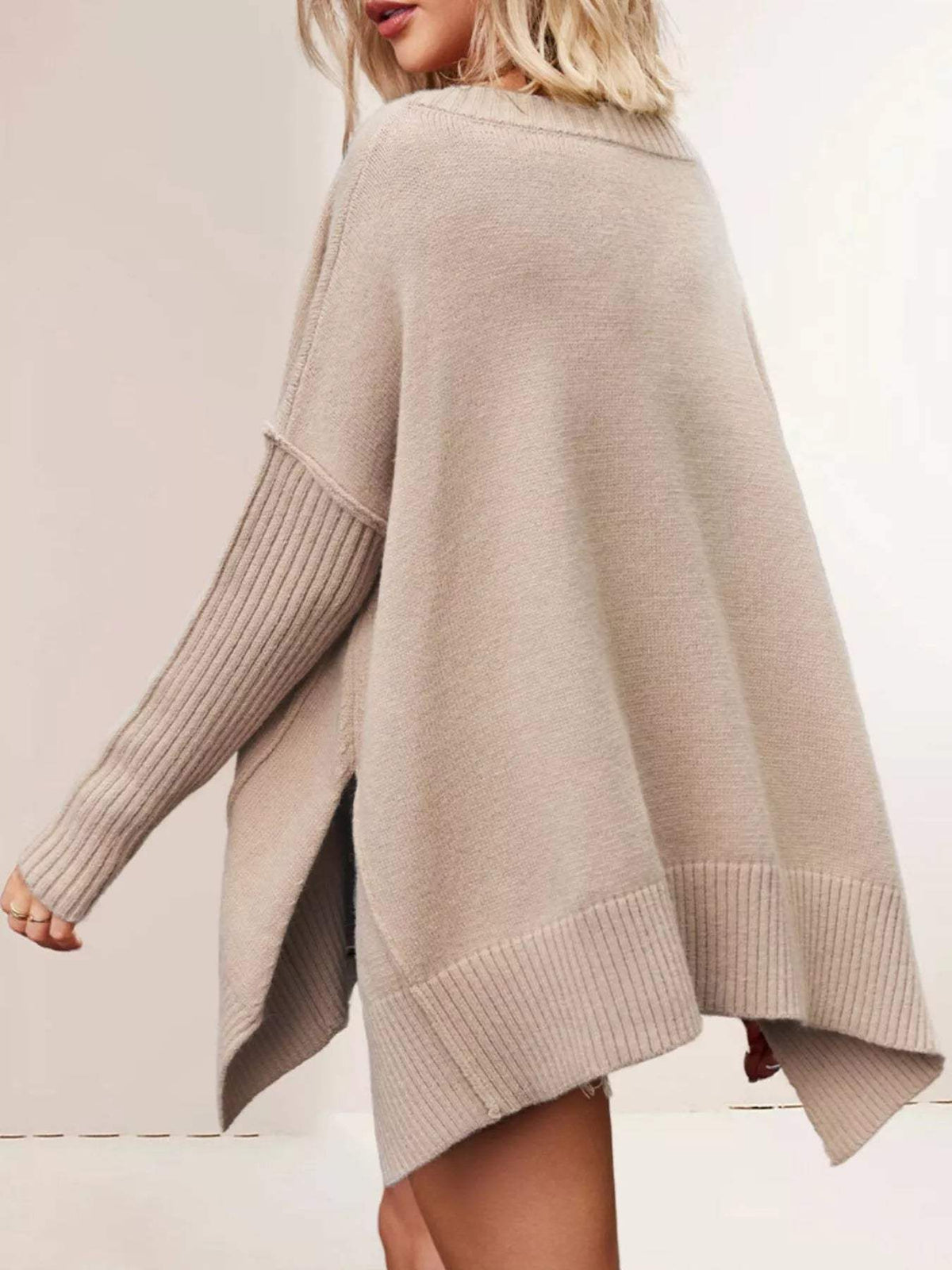 V-Neck Ribbed Sleeve Sweater - Trendsi - Flyclothing LLC
