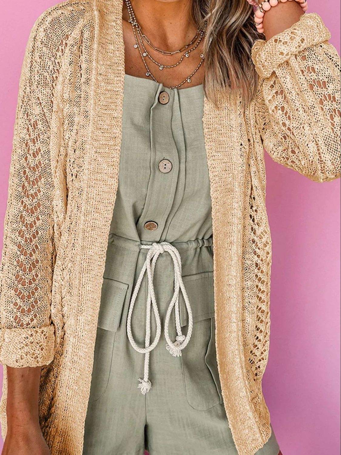 Openwork Open Front Long Sleeve Cardigan - Trendsi - Flyclothing LLC