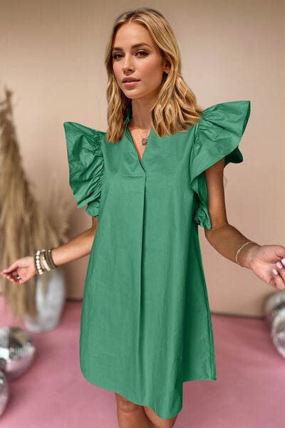 Oh Ruched Johnny Collar Cap Sleeve Mini Dress - Trendsi