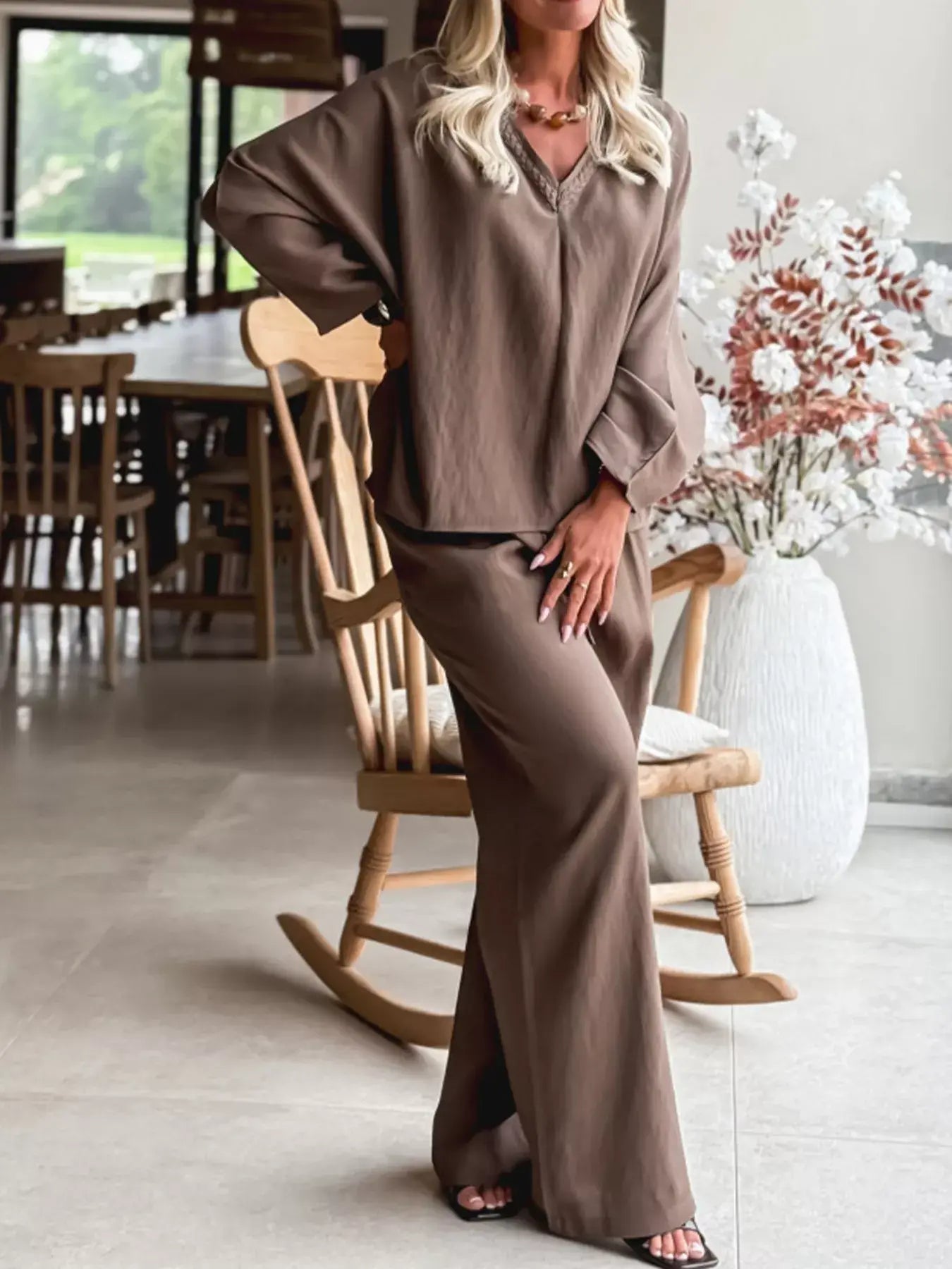 Braided V Neck Long Sleeve Loose Top and Drawstring High Waist Pants 2pcs Outfit - Trendsi - Flyclothing LLC