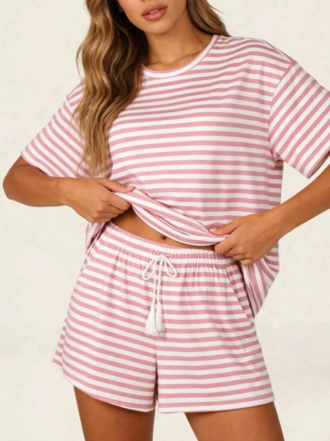 Striped Short Sleeve Tee and Drawstring Shorts Set - Trendsi - Flyclothing LLC