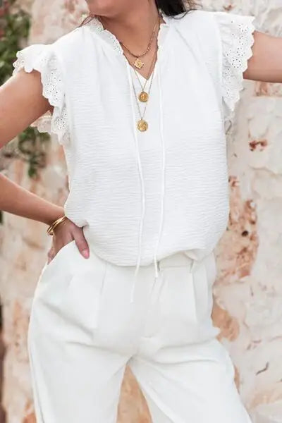Ruffled Tie Neck Cap Sleeve Blouse - Trendsi - Flyclothing LLC