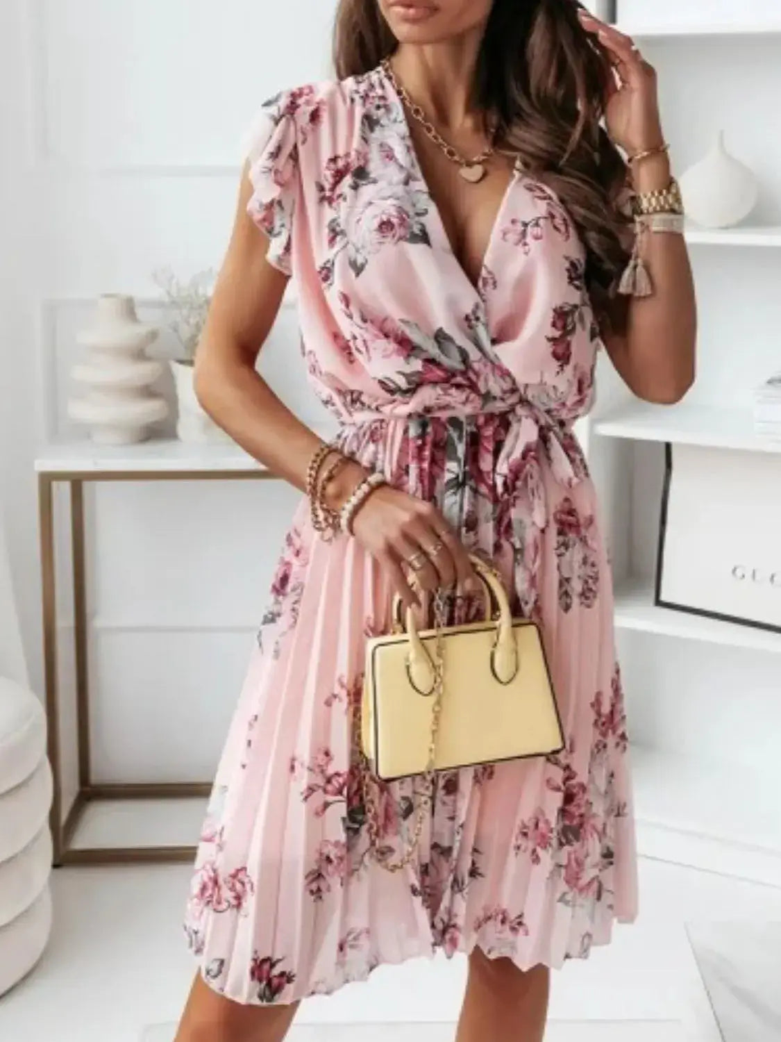 Floral Surplice Ruffled Cap Sleeve Dress - Trendsi - Flyclothing LLC