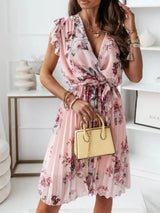 Floral Surplice Ruffled Cap Sleeve Dress - Trendsi - Flyclothing LLC