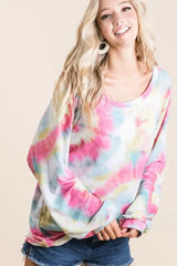 BiBi Tie Dye Print Terry Top With Puff Sleeves - Trendsi - Flyclothing LLC