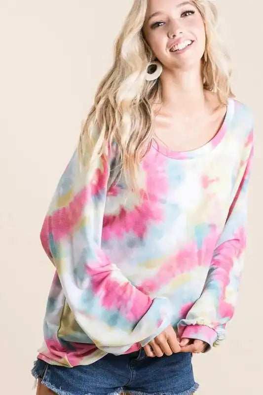 BiBi Tie Dye Print Terry Top With Puff Sleeves - Trendsi - Flyclothing LLC
