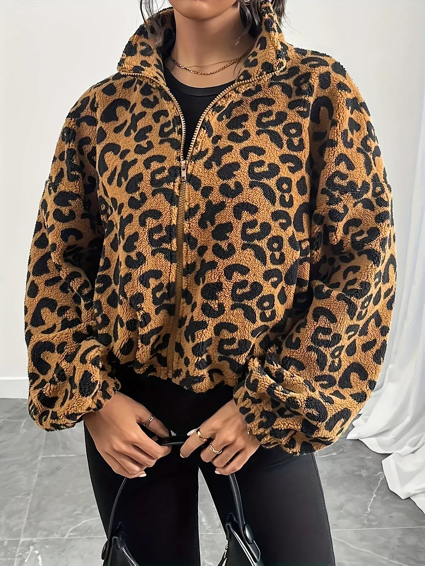 Leopard Fleece Zip-Up Jacket - Trendsi - Flyclothing LLC