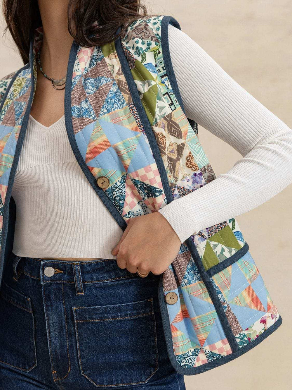 Printed Patchwork Contrast Piping Vest - Trendsi - Flyclothing LLC