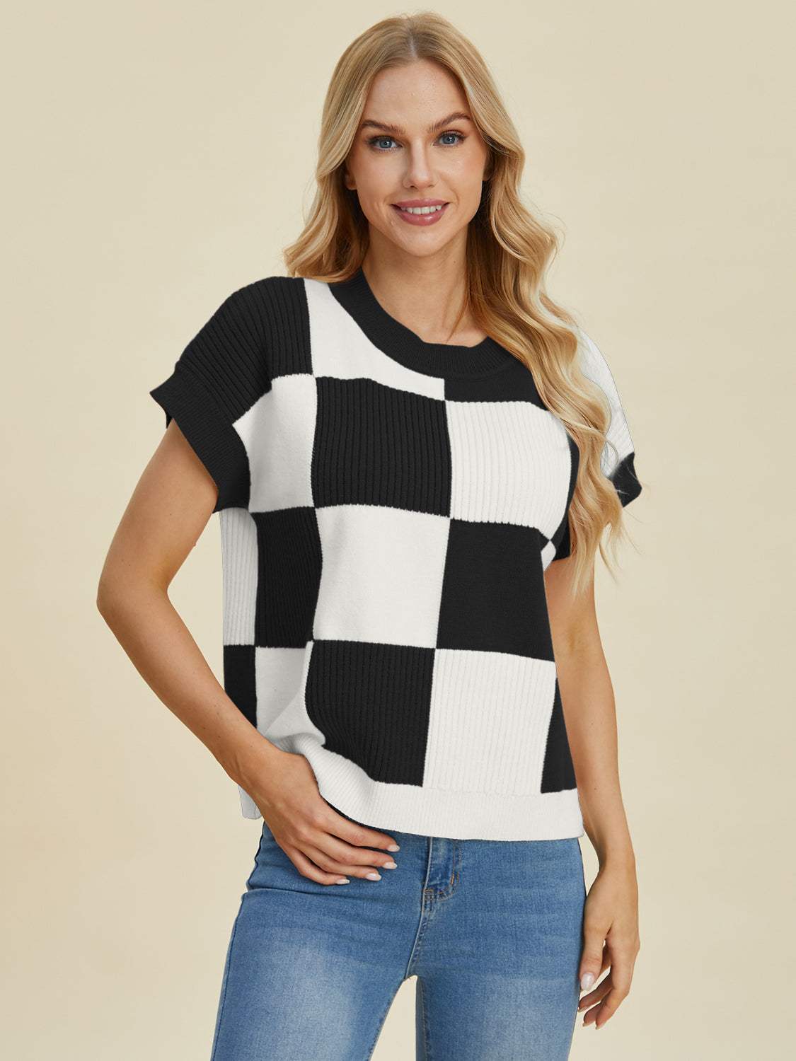 Double Take Full Size Checkered Round Neck Short Sleeve Sweater - Trendsi - Flyclothing LLC