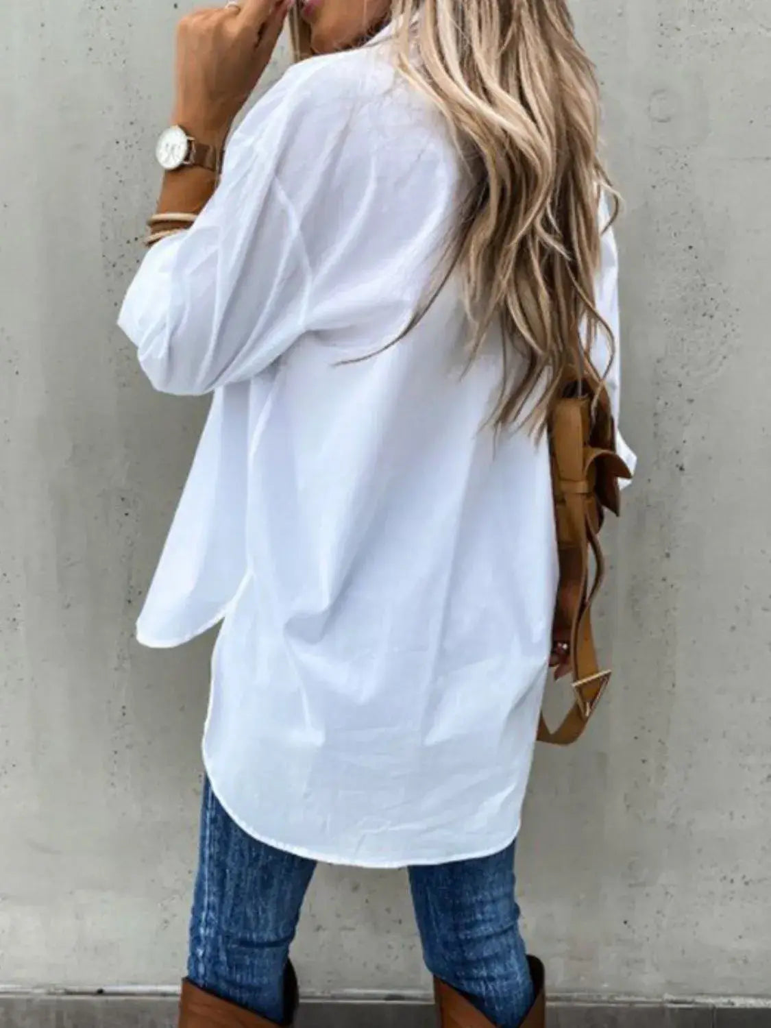 Button Up Roll-Tab Sleeve Shirt - Trendsi - Flyclothing LLC
