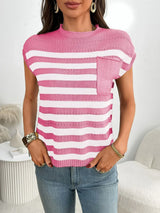 Striped Mock Neck Cap Sleeve Knit Top - Trendsi - Flyclothing LLC