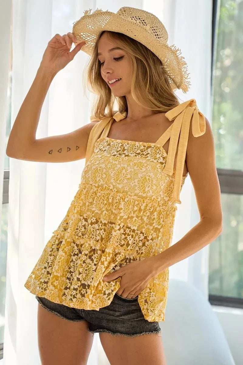 BiBi Floral Lace Tiered Top with Shoulder Ribbon Tied - Trendsi - Flyclothing LLC