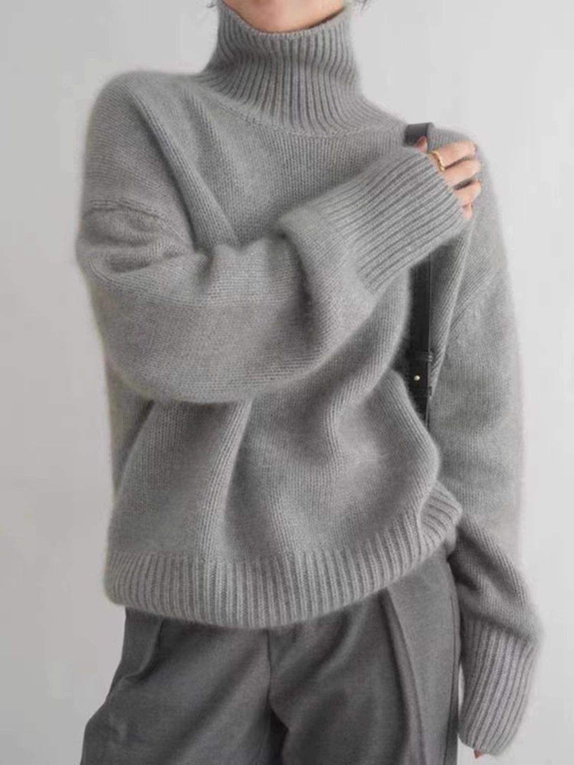 Turtleneck Dropped Shoulder Long Sleeve Sweater - Trendsi - Flyclothing LLC