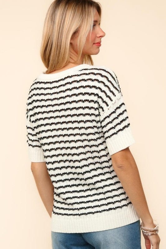 Haptics Openwork Striped Round Neck Half Sleeve Knit Top - Trendsi