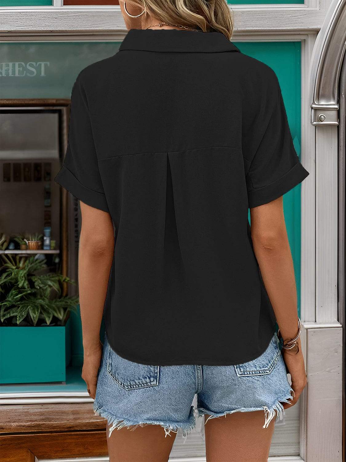 Johnny Collar Half Sleeve Blouse - Trendsi - Flyclothing LLC