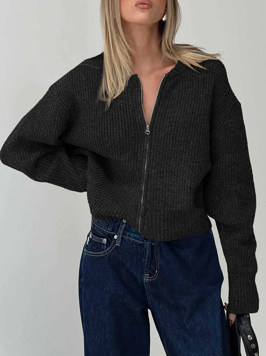 Zip Up Long Sleeve Cardigan - Trendsi - Flyclothing LLC