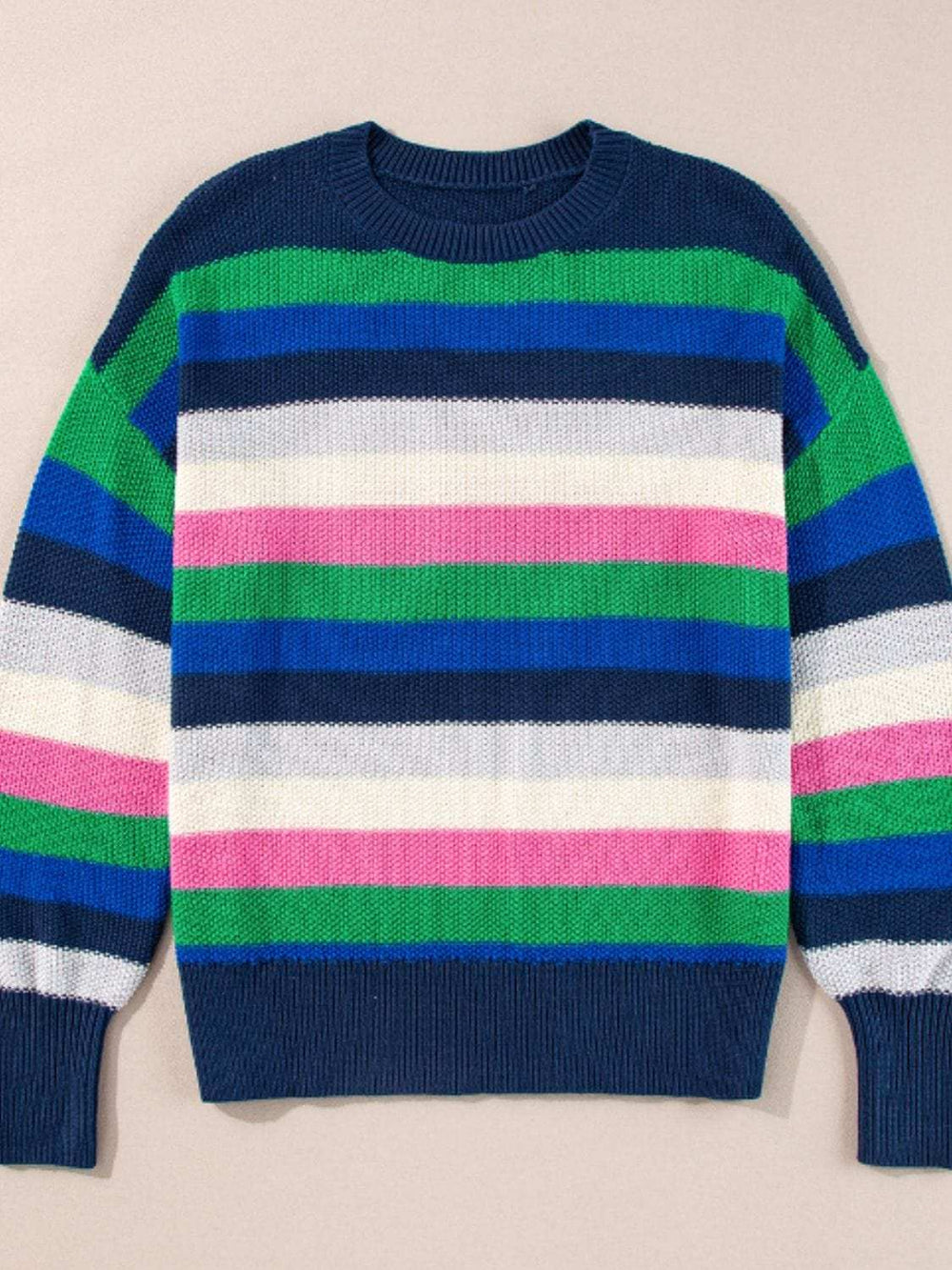 Contrast Striped Round Neck Long Sleeve Sweater - Trendsi - Flyclothing LLC