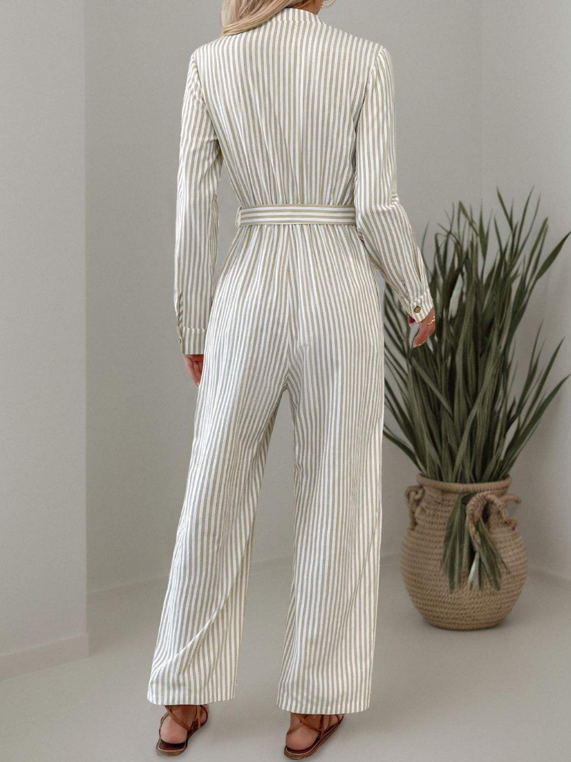 Striped Notched Long Sleeve Tie Waist Jumpsuit - Trendsi - Flyclothing LLC
