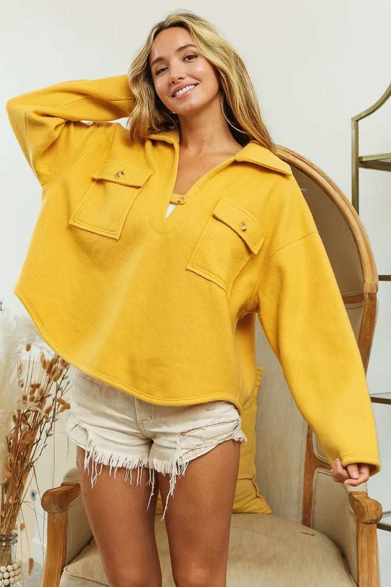 BiBi Flap Pockets Fleece Collared Sweatshirt - Trendsi - Flyclothing LLC