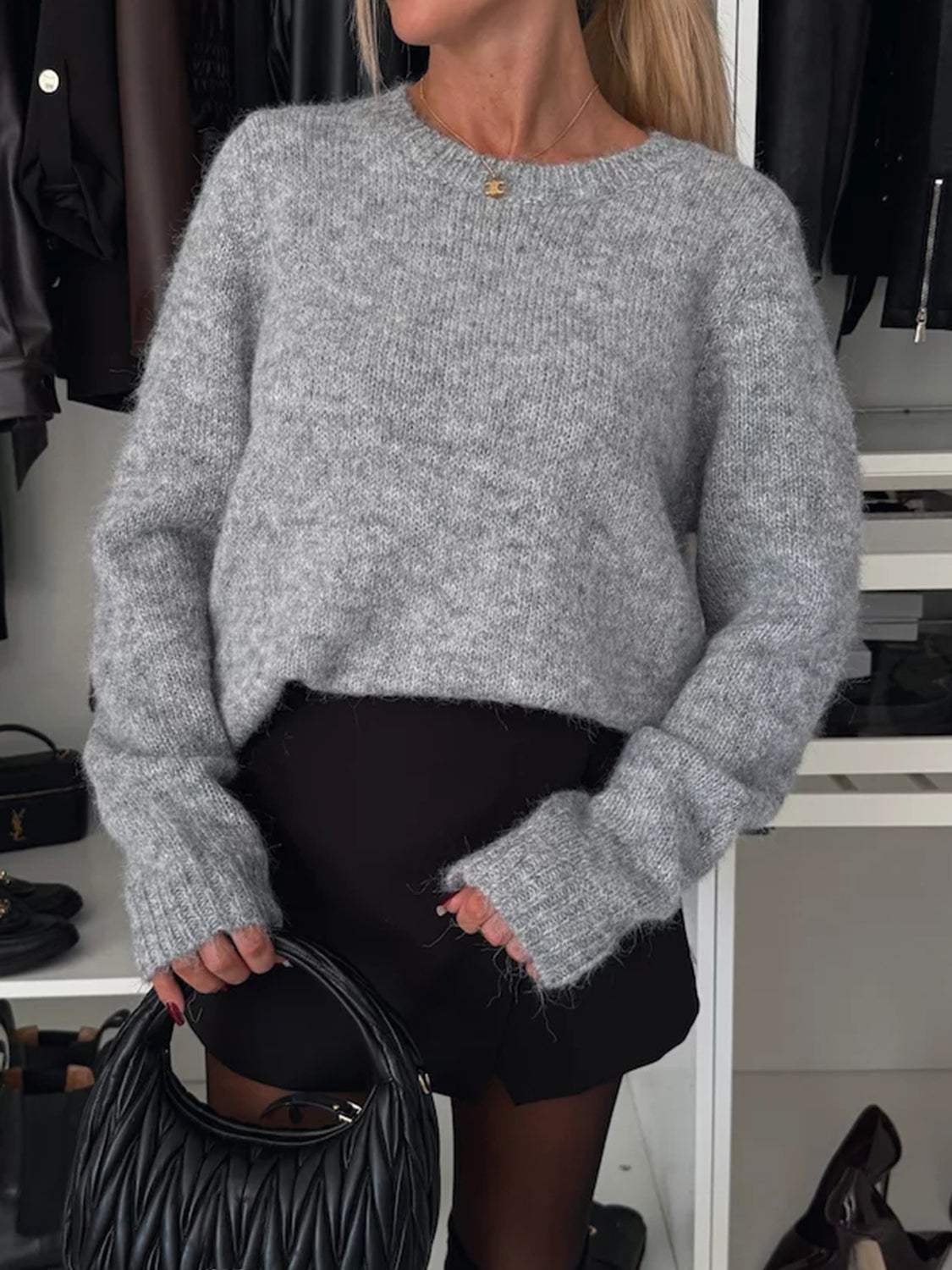 Bow Slit Back Round Neck Sweater - Trendsi - Flyclothing LLC