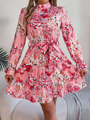 Printed Mock Neck Flounce Sleeve Mini Dress - Trendsi
