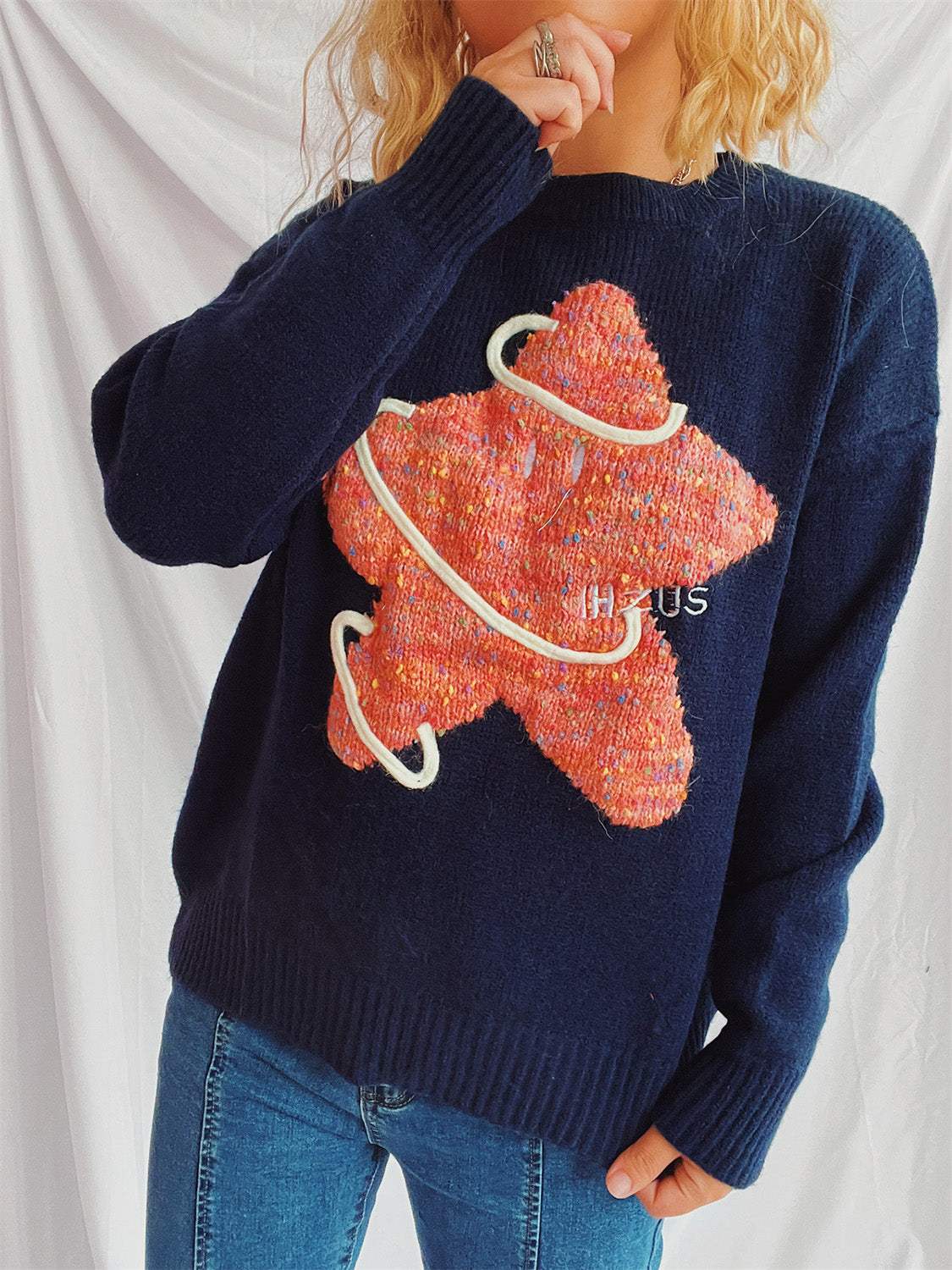 Contrast Star Round Neck Long Sleeve Sweater - Trendsi - Flyclothing LLC