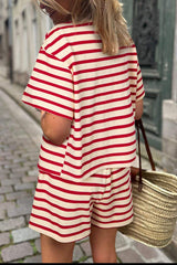 Tied Striped V-Neck Top and Shorts Set - Trendsi - Flyclothing LLC