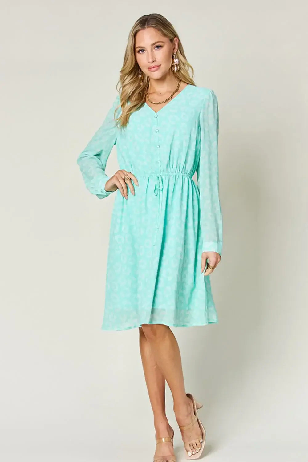 Double Take Full Size Printed Ruched V-Neck Long Sleeve Dress - Trendsi - Flyclothing LLC