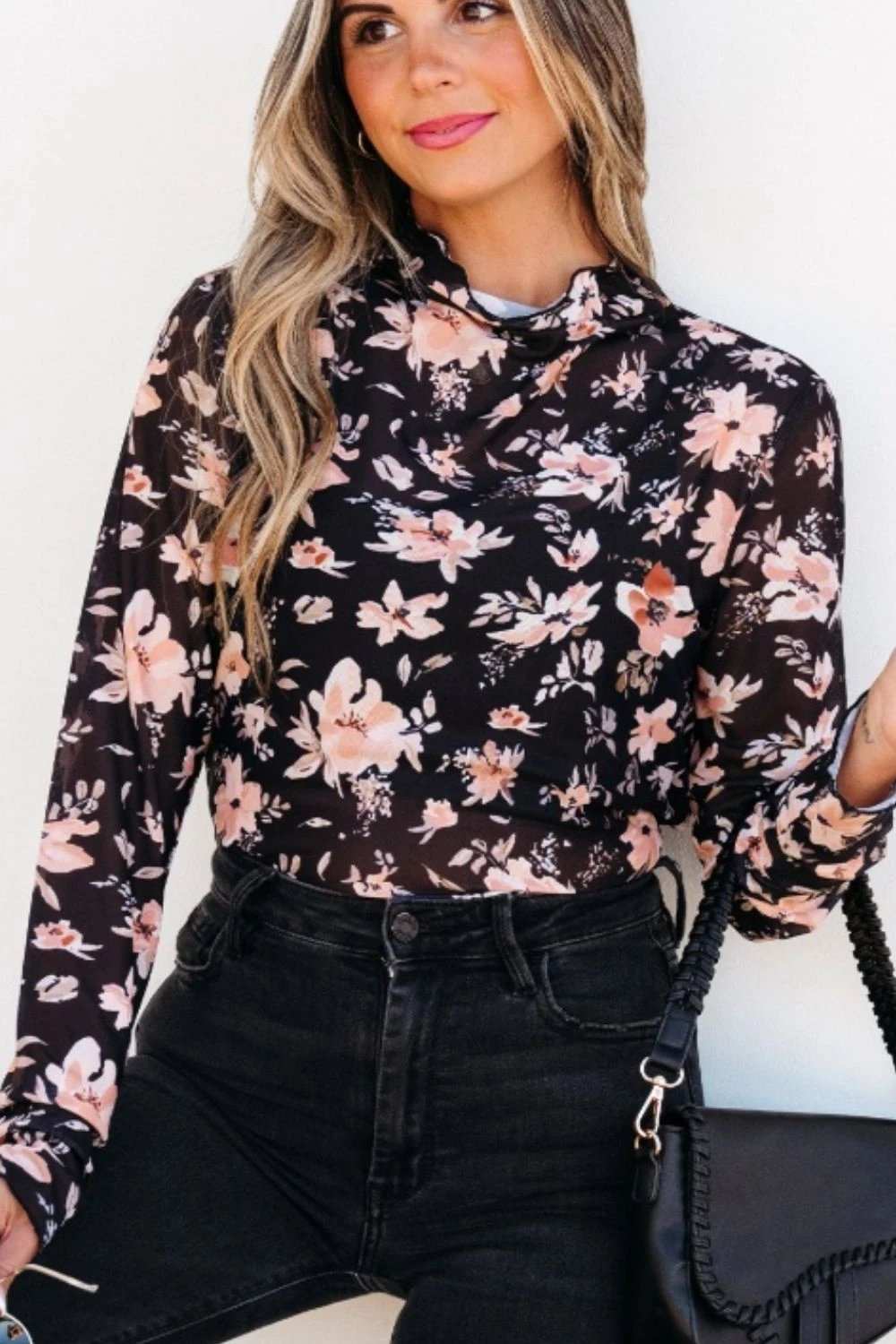 Floral Mock Neck Long Sleeve Blouse - Trendsi - Flyclothing LLC