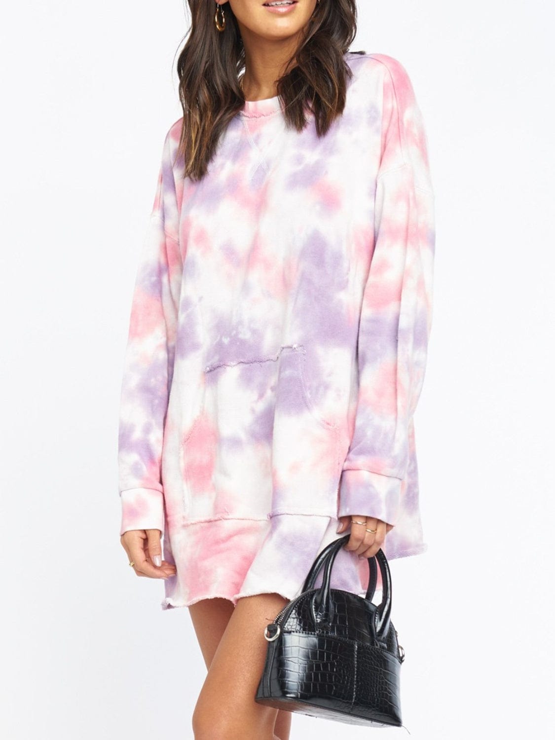 Pocketed Tie-Dye Round Neck Long Sleeve Dress - Trendsi