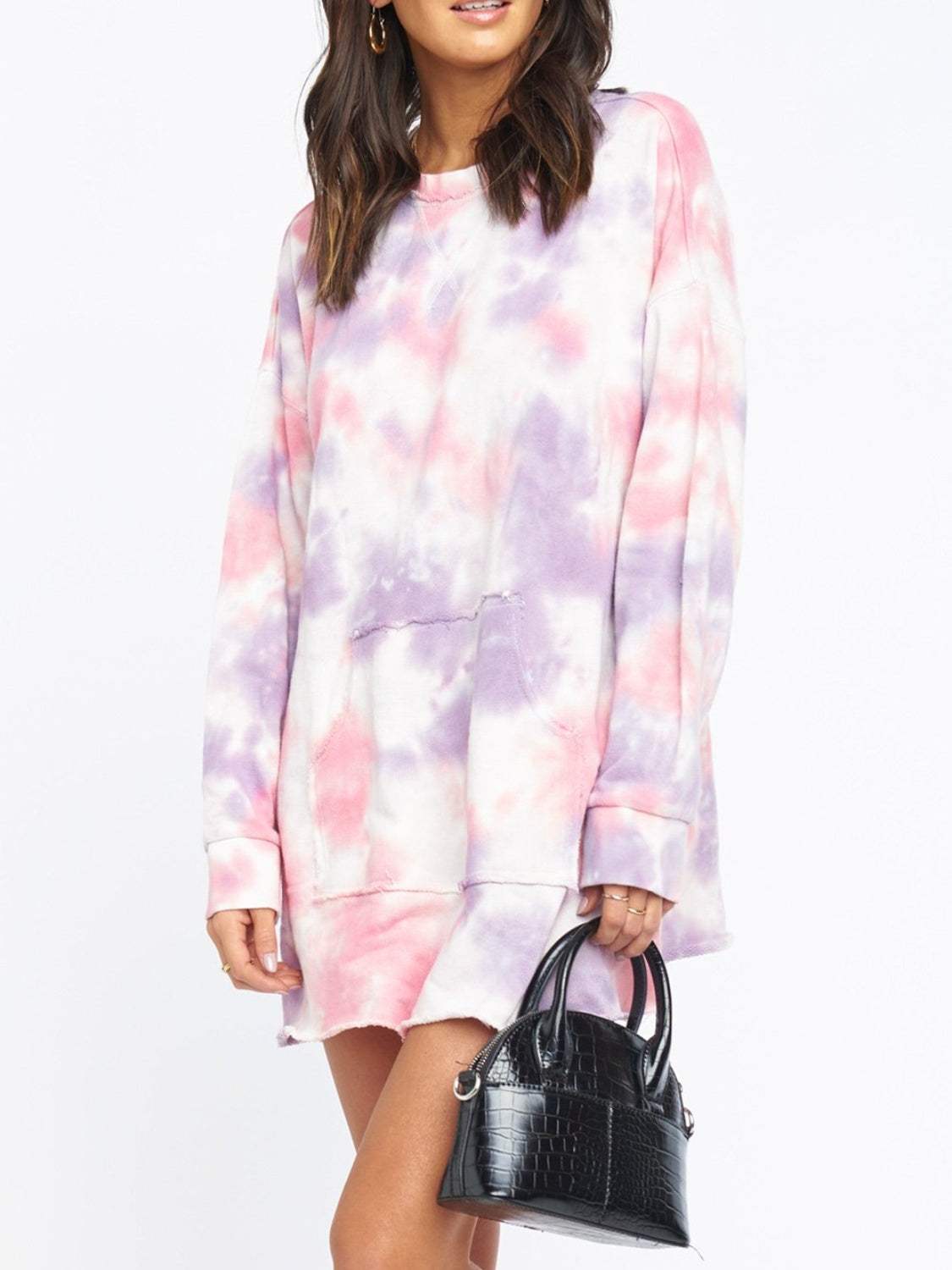 Pocketed Tie-Dye Round Neck Long Sleeve Dress - Trendsi - Flyclothing LLC