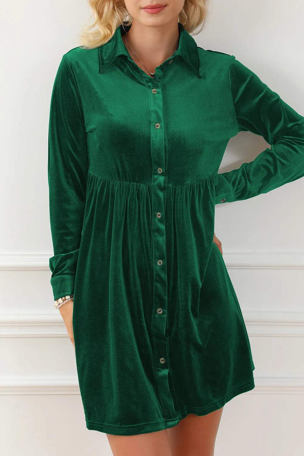 Ruched Button Up Collared Neck Long Sleeve Shirt Dress - Trendsi - Flyclothing LLC