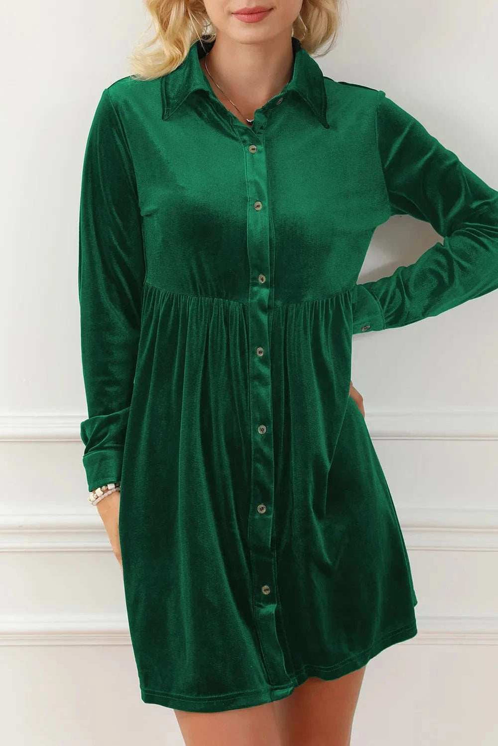 Ruched Button Up Collared Neck Long Sleeve Shirt Dress - Trendsi - Flyclothing LLC