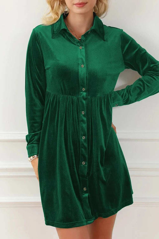 Ruched Button Up Collared Neck Long Sleeve Shirt Dress - Trendsi - Flyclothing LLC