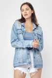 RISEN Full Size Distressed Long Sleeve Denim Jacket - Trendsi - Flyclothing LLC