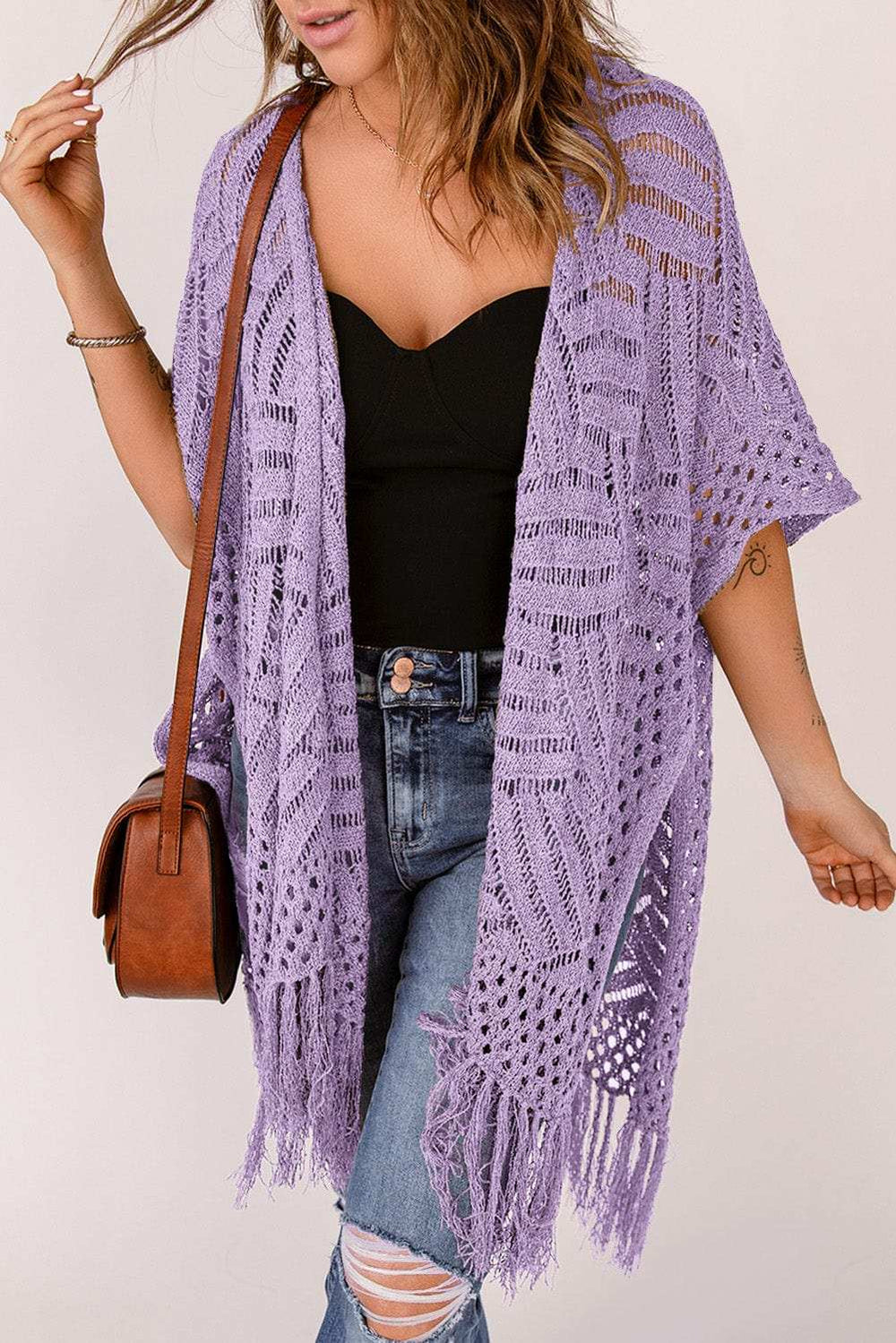 Openwork Open Front Cardigan with Fringes - Trendsi - Flyclothing LLC
