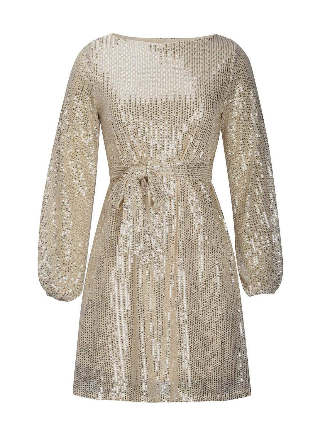 Sequin Tie Waist Long Sleeve Mini Dress - Trendsi - Flyclothing LLC