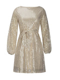 Sequin Tie Waist Long Sleeve Mini Dress - Trendsi