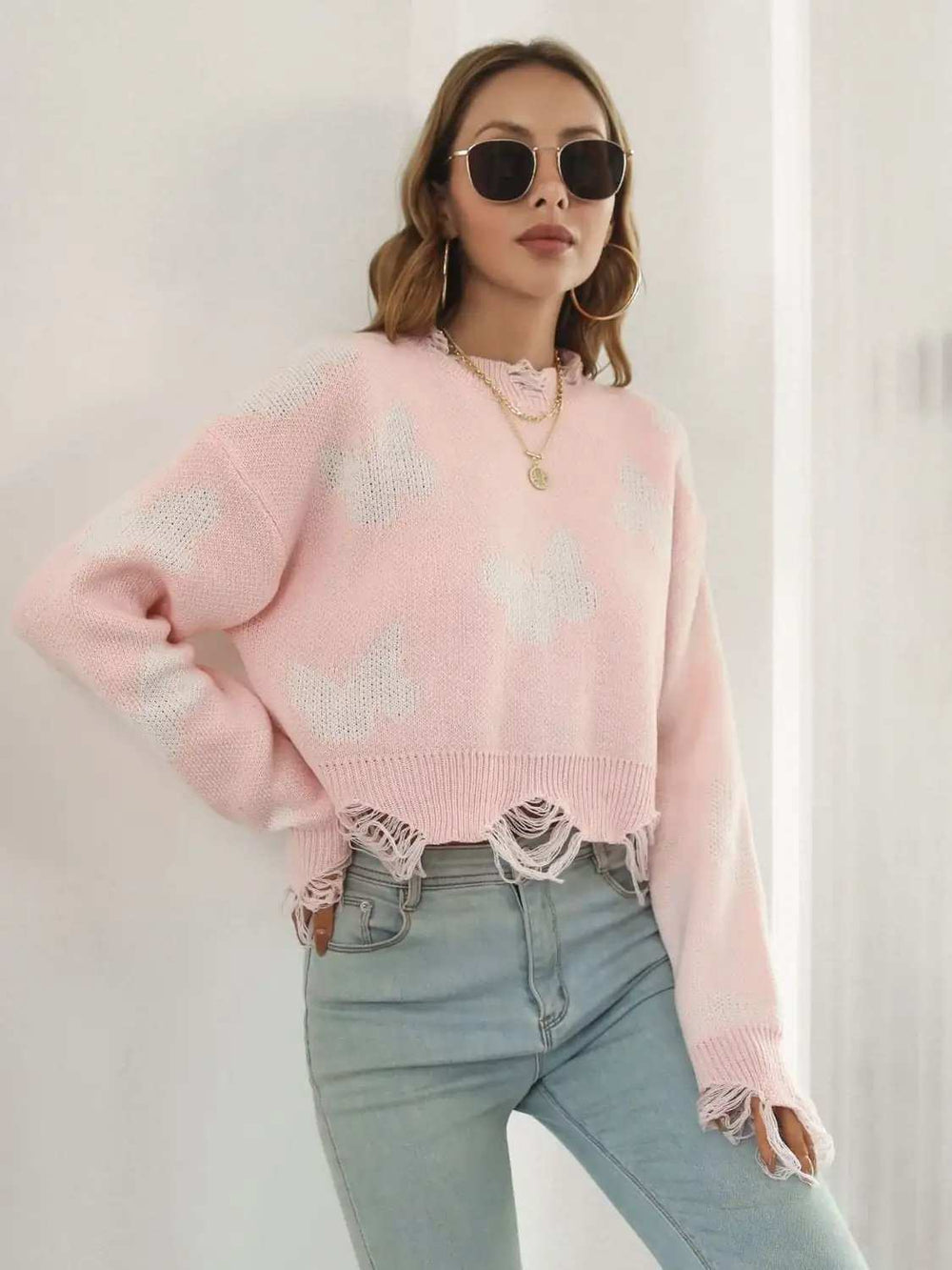 Distressed Butterfly Cropped Sweater - Trendsi - Flyclothing LLC