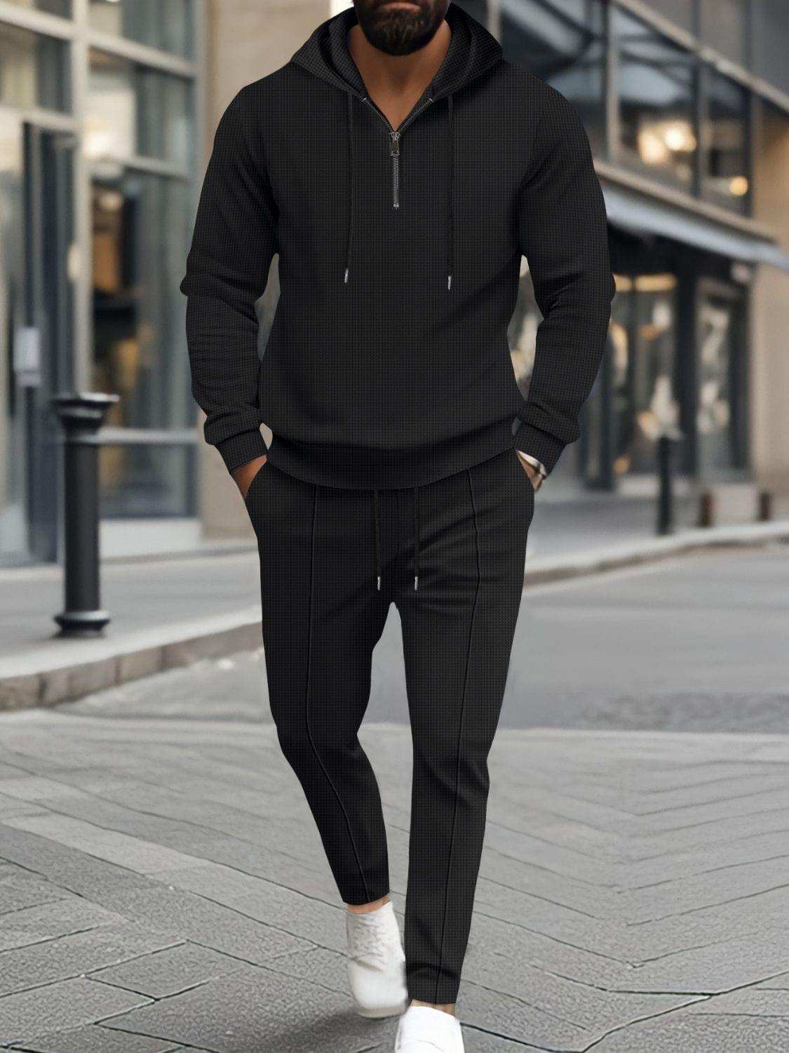 Men's Full Size Waffle-Knit Half Zipper Hoodie and Pants Set Plus Size - Trendsi - Flyclothing LLC
