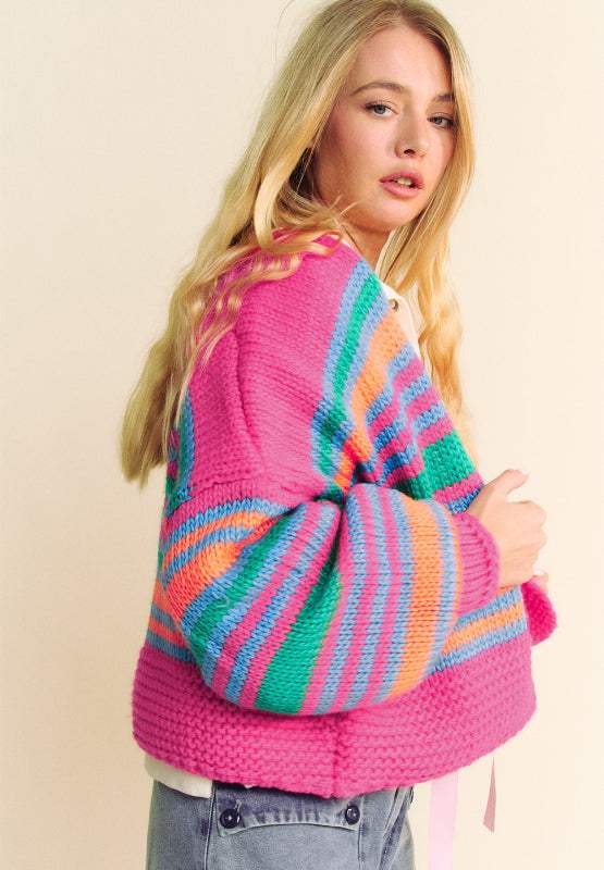 Contrast Striped Open Front Long Sleeve Cardigan - Trendsi - Flyclothing LLC