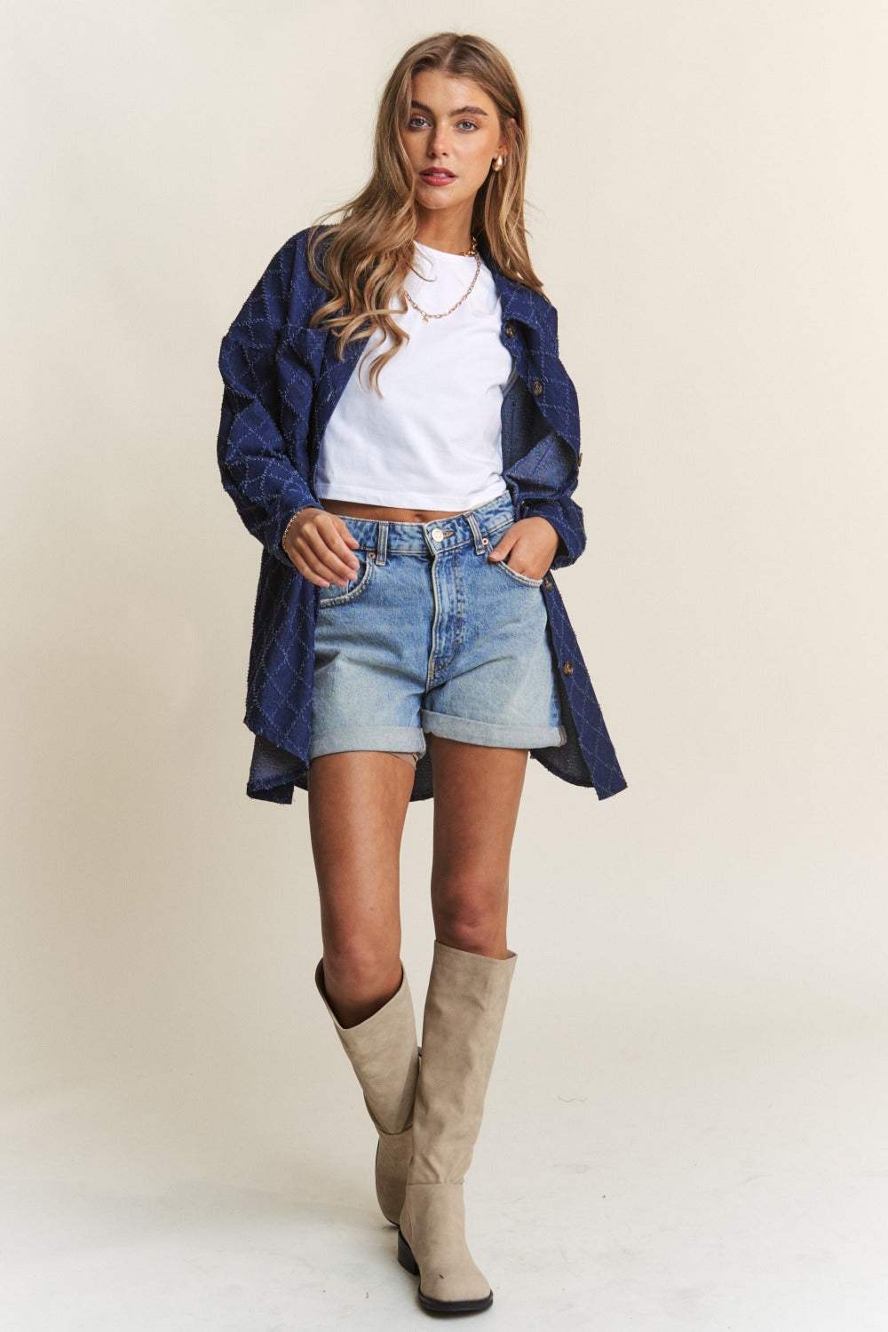 J.NNA Rhombus Stitched Button Up Denim Shacket - Trendsi - Flyclothing LLC